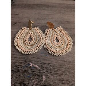 Beaded Teardrop Statement Earrings Blush Pink Cream Gold Tone Boho Drop